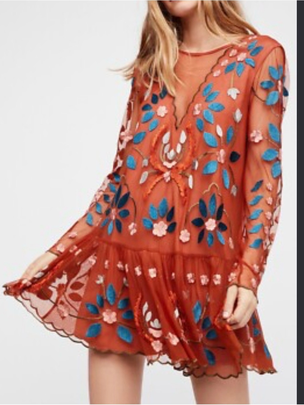 EUC Free People Hearts are Wild Burnt Orange Embroidered Dress Small